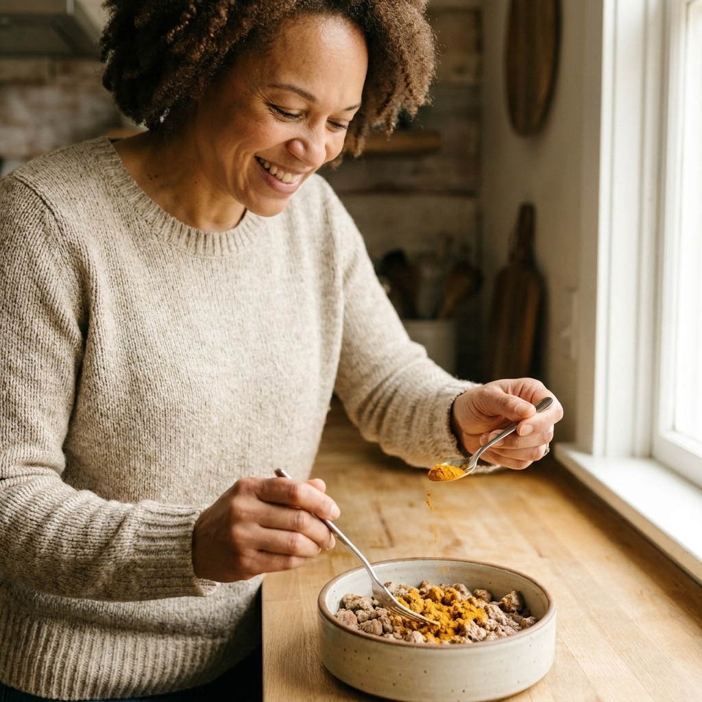 A spoon sprinkling a small amount of turmeric powder onto moist dog food in a bowl, with the powder being gently stirred in