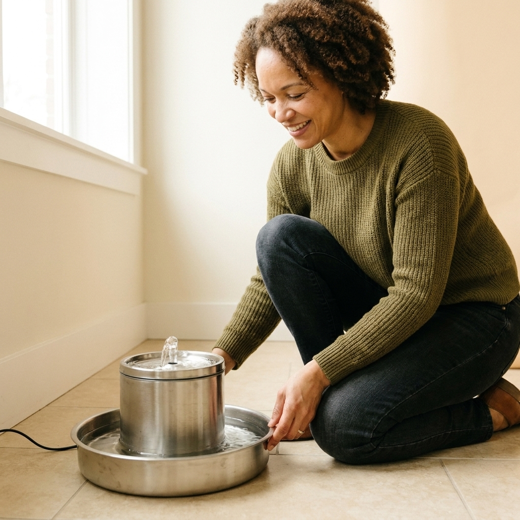 A stainless steel cat water fountain on a tile floor with a gentle stream of water flowing into a shallow drinking basin