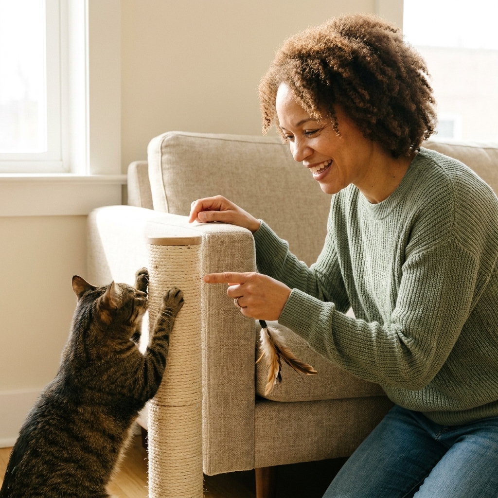 A sturdy scratching post positioned directly beside a fabric couch arm to redirect a cat away from the furniture