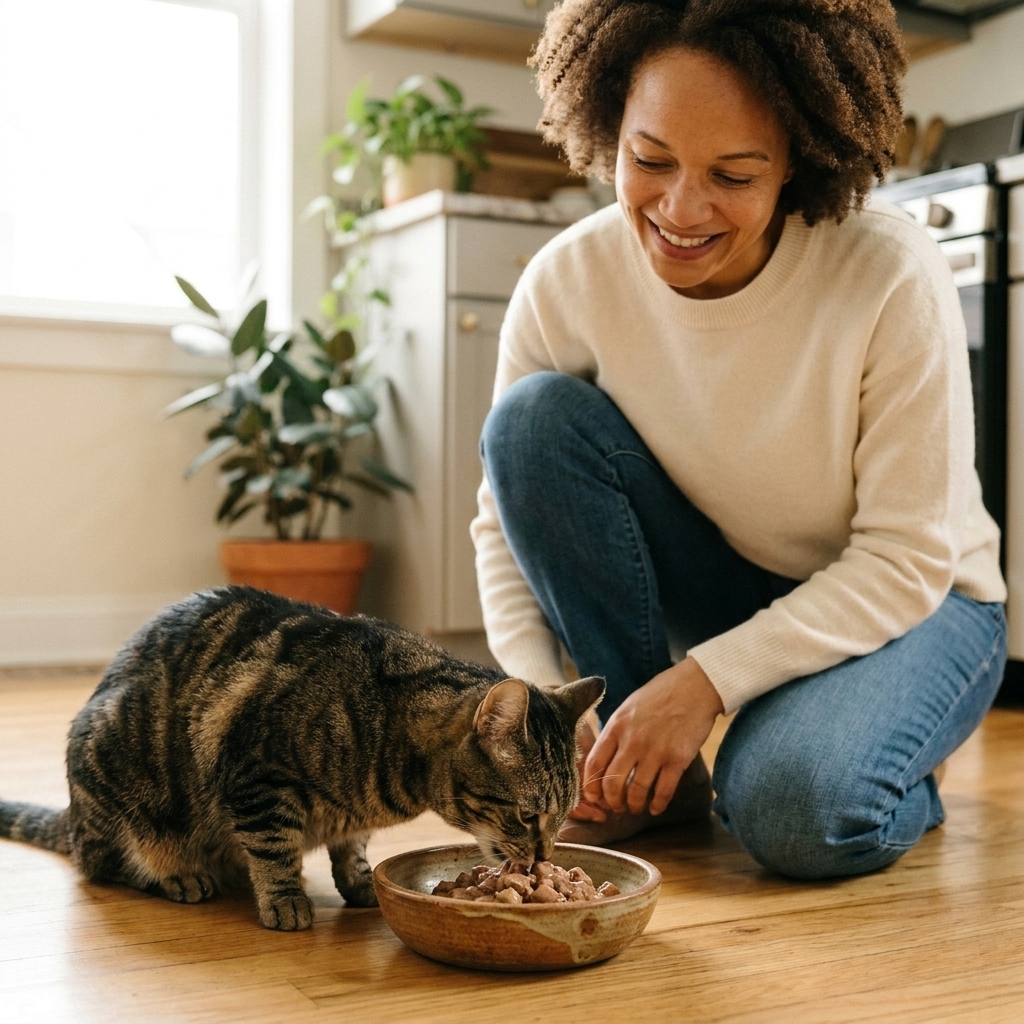 A tabby cat eating a small portion of homemade wet food from a ceramic bowl on a kitchen floor