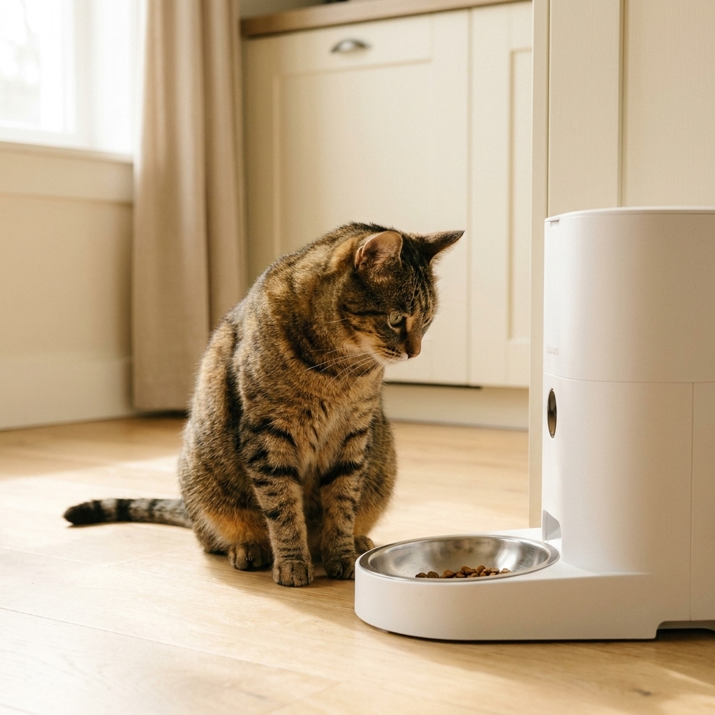 A tabby cat sitting beside an automatic feeder on a kitchen floor, looking at kibble in the bowl