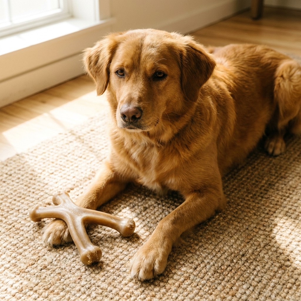 A tan Benebone Wishbone chew toy on a woven rug beside a relaxed medium-sized dog
