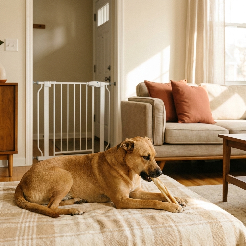 A tan dog calmly chewing a long chew on a blanket inside a gated living room area, with a white baby gate visible in the doorway
