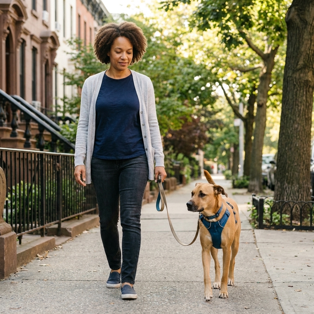 A tan dog wearing a front-clip harness on a neighborhood walk, with the leash clipped to the chest ring and hanging with gentle slack