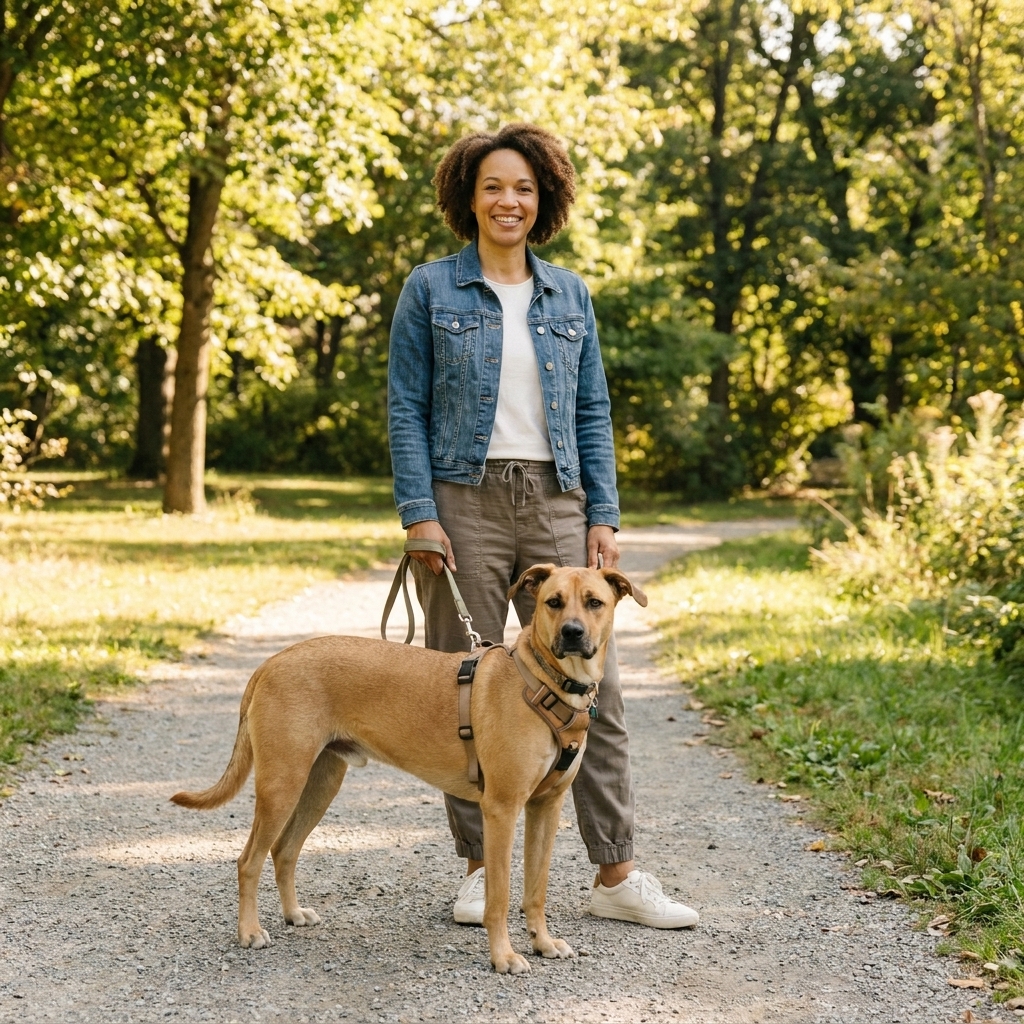 A tan dog wearing a front-clip harness with the leash attached at the chest ring while standing calmly on a park path