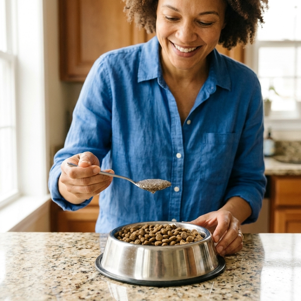 A teaspoon holding soaked chia seeds in a gel-like mixture above a dog food bowl on a kitchen counter