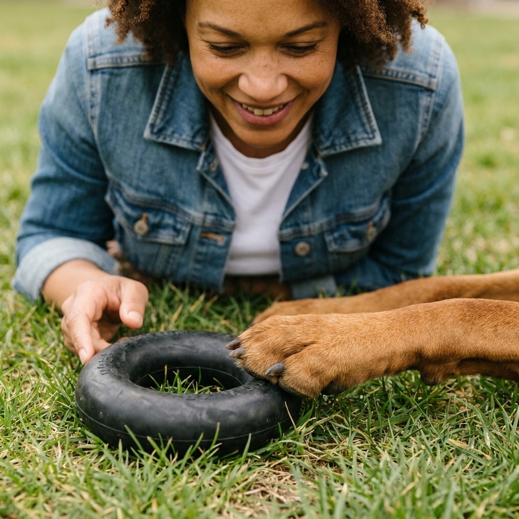 A thick black rubber chew ring on grass with a large dog paw resting beside it