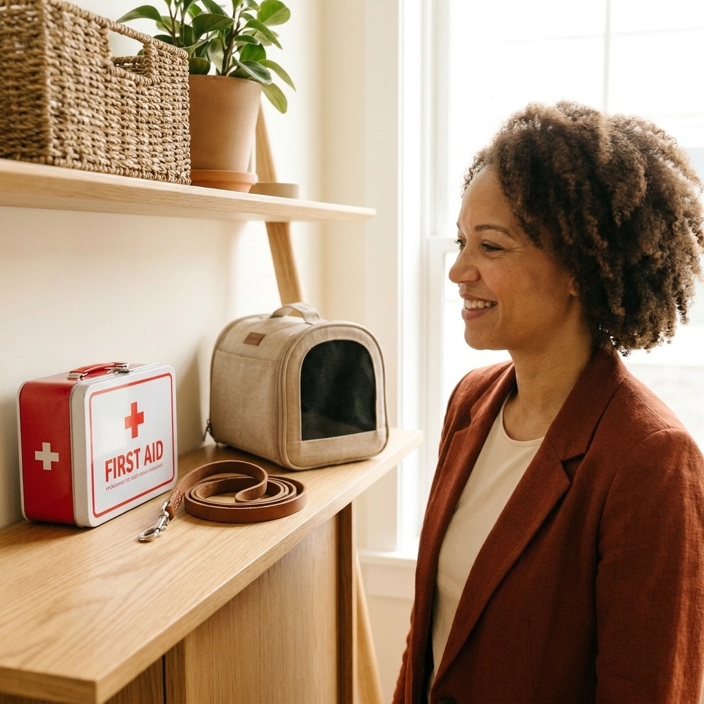 A tidy home entryway shelf with a clearly visible first aid case stored beside a dog leash and a small pet carrier