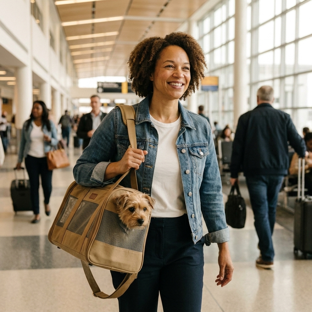 A traveler walking through an airport terminal carrying a soft-sided pet carrier with a small dog visible through the mesh
