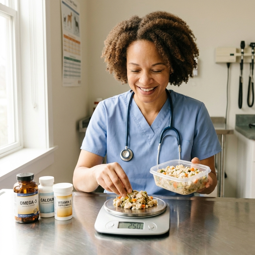 A veterinarian in a clinic exam room weighing a portion of homemade dog food on a digital kitchen scale next to supplement containers