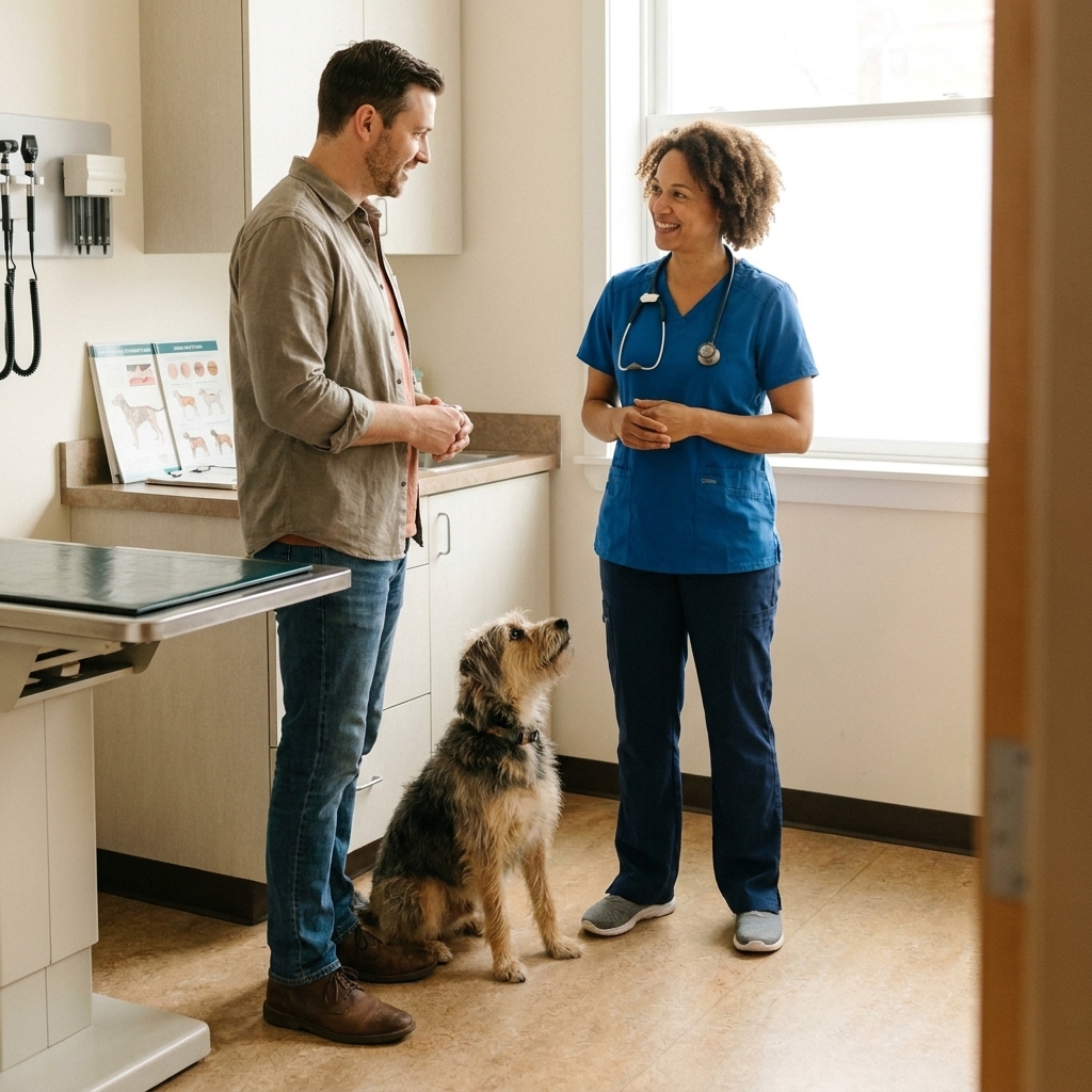 A veterinarian speaking with a dog owner in an exam room while a medium-sized mixed breed dog sits on the floor between them