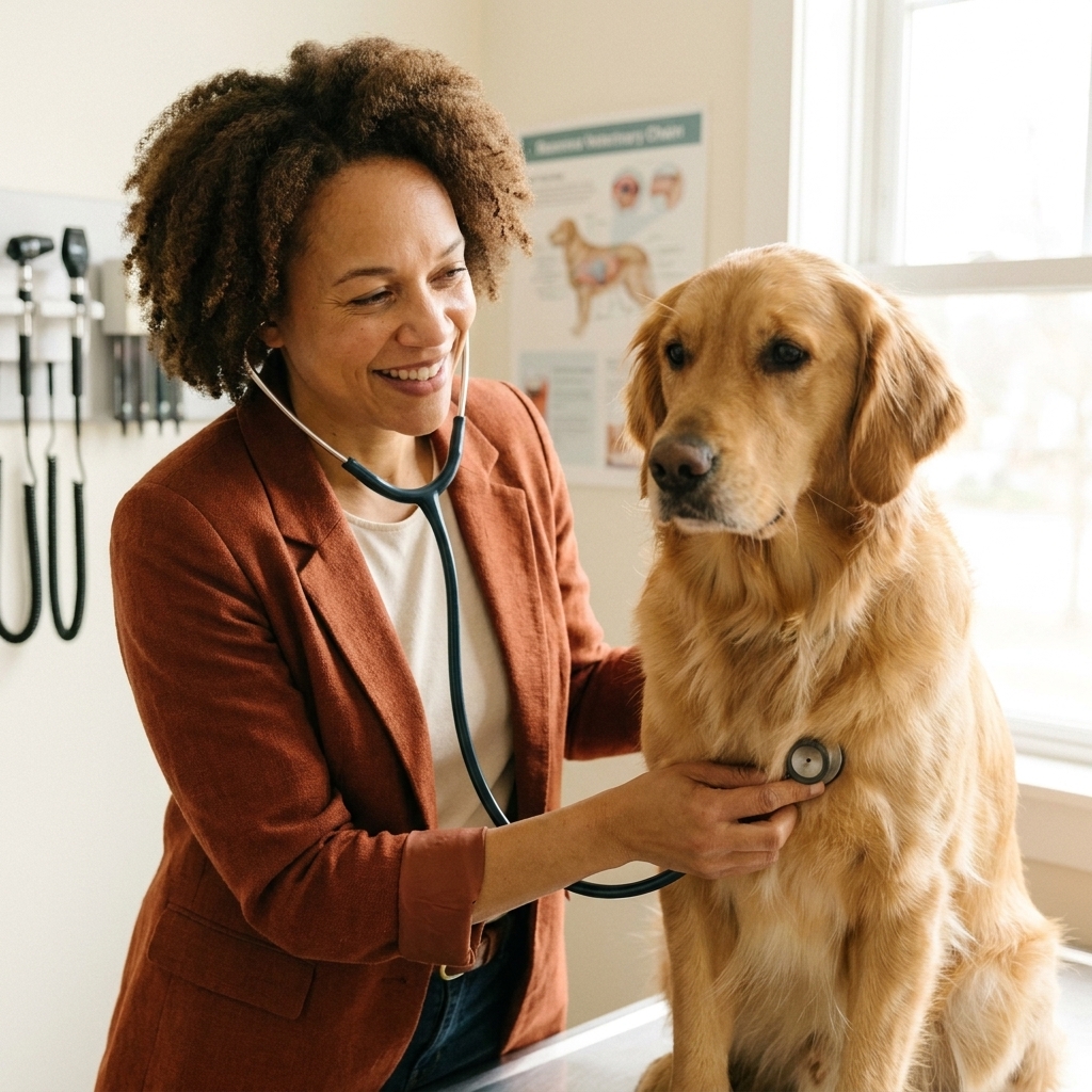 A veterinarian using a stethoscope to listen to a dog’s chest during a calm exam in a veterinary clinic