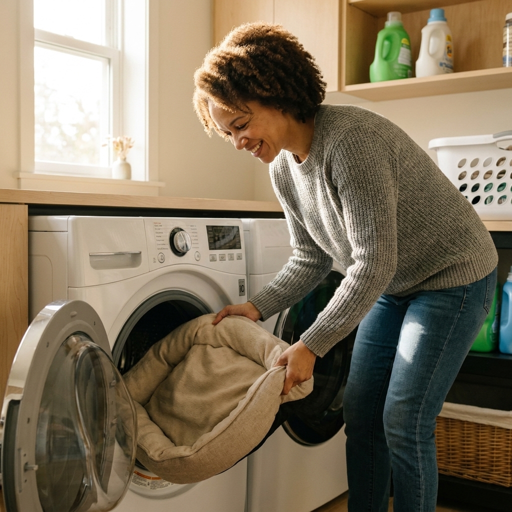 A washable dog bed cover being placed into a front-loading washing machine in a home laundry room