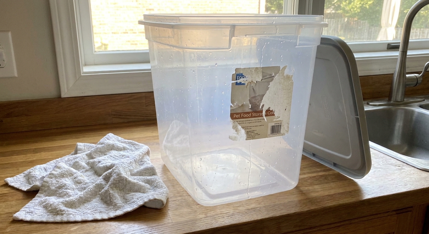 A washed, empty pet food storage container sits with its lid off, air-drying on a kitchen counter beside a clean towel