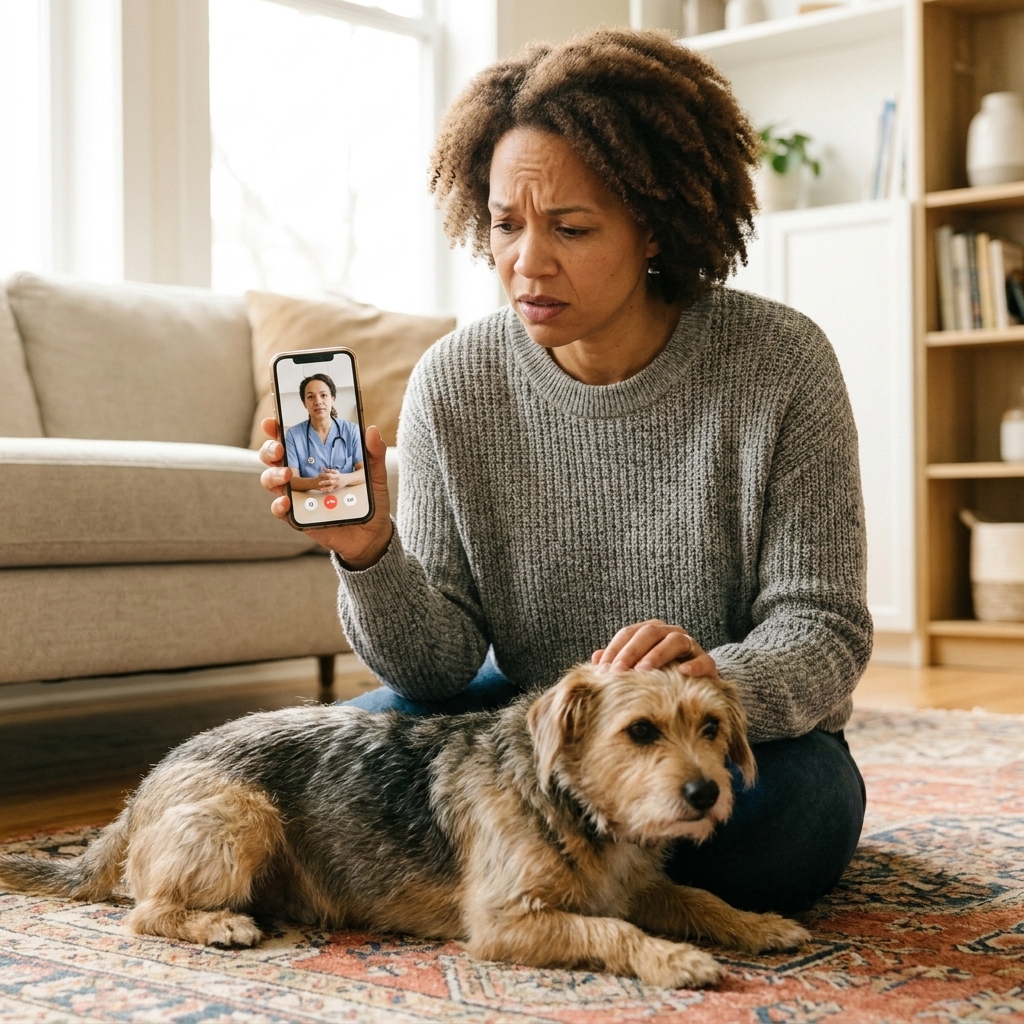 A worried pet owner holding a smartphone while kneeling beside a small dog in a living room, as if calling an emergency veterinarian