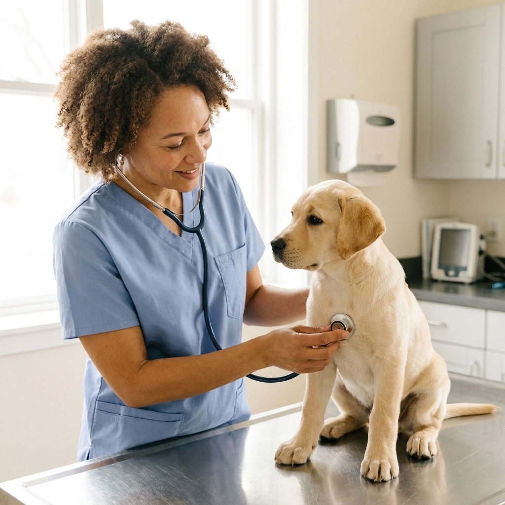 A young Labrador Retriever puppy sitting on an exam table while a veterinarian gently listens with a stethoscope in a bright veterinary clinic