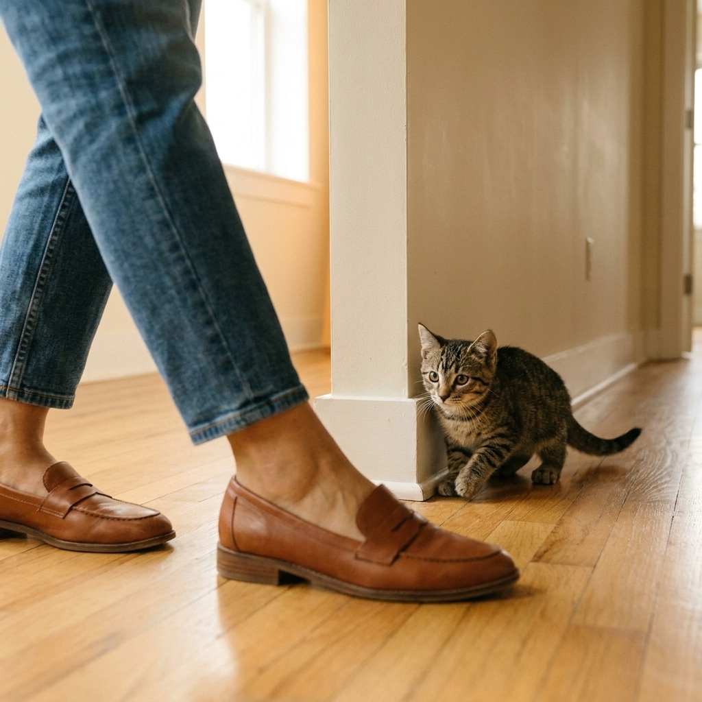 A young cat crouched playfully near a hallway corner, watching a person’s feet as they walk by
