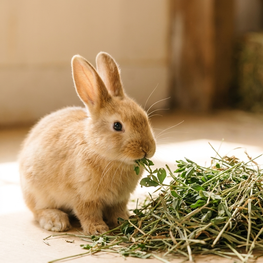 A young rabbit nibbling leafy alfalfa hay beside a small pile of fresh hay in bright natural light