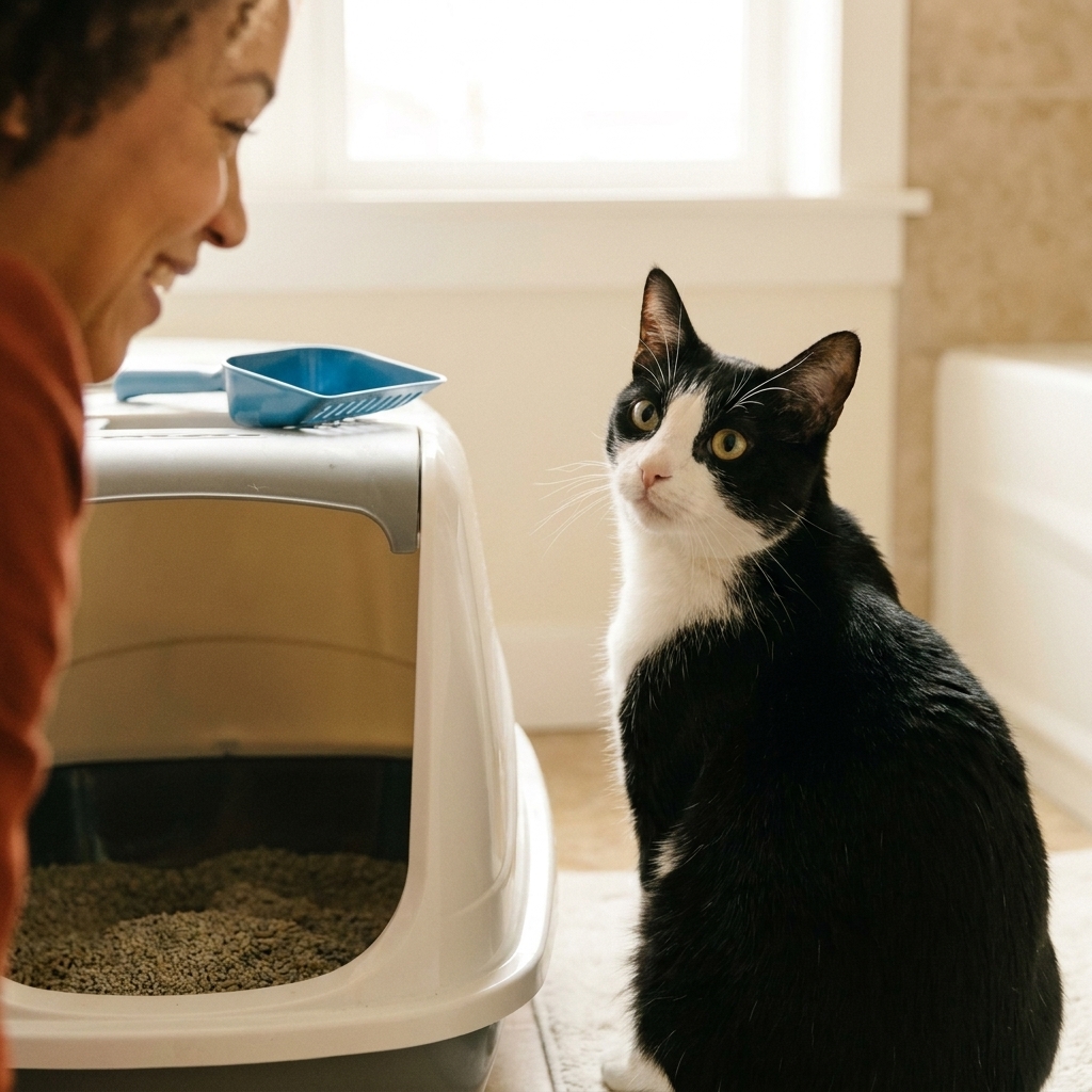 An adult black-and-white cat sitting beside a clean litter box, looking back with an alert expression