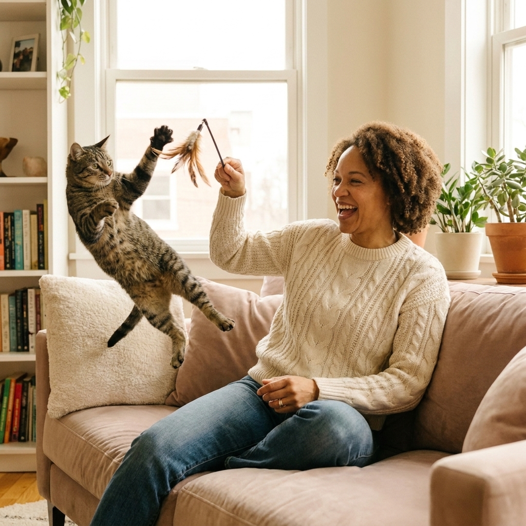 An adult cat leaping to catch a feather wand toy held by a person in a cozy living room