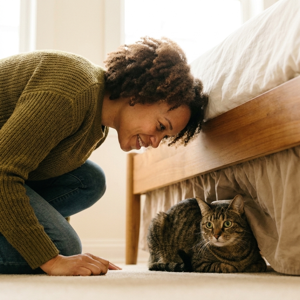An adult tabby cat partially hidden under a bed, eyes wide and body tucked close to the floor