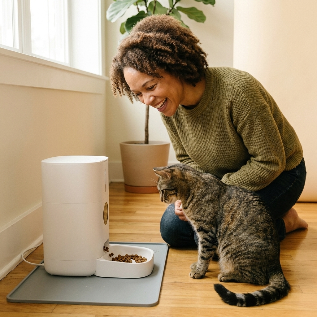 An automatic cat feeder dispensing a small portion of kibble onto a mat while a short-haired cat watches attentively