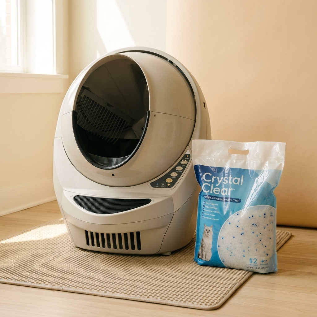 An automatic litter box with a hooded cover and a rake mechanism positioned on a washable mat, with a bag of crystal litter nearby