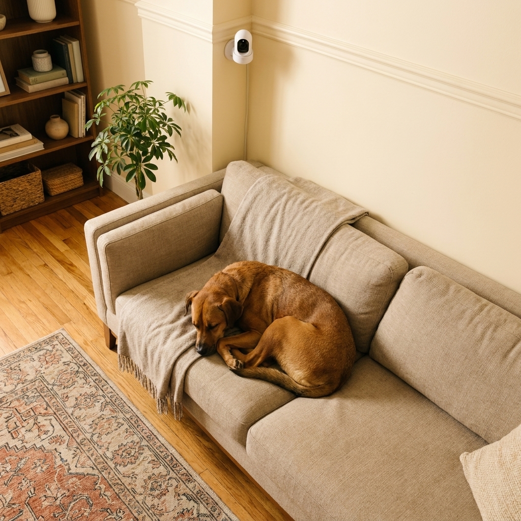 An indoor Wi-Fi camera mounted high in a living room corner aimed at a couch where a dog is resting
