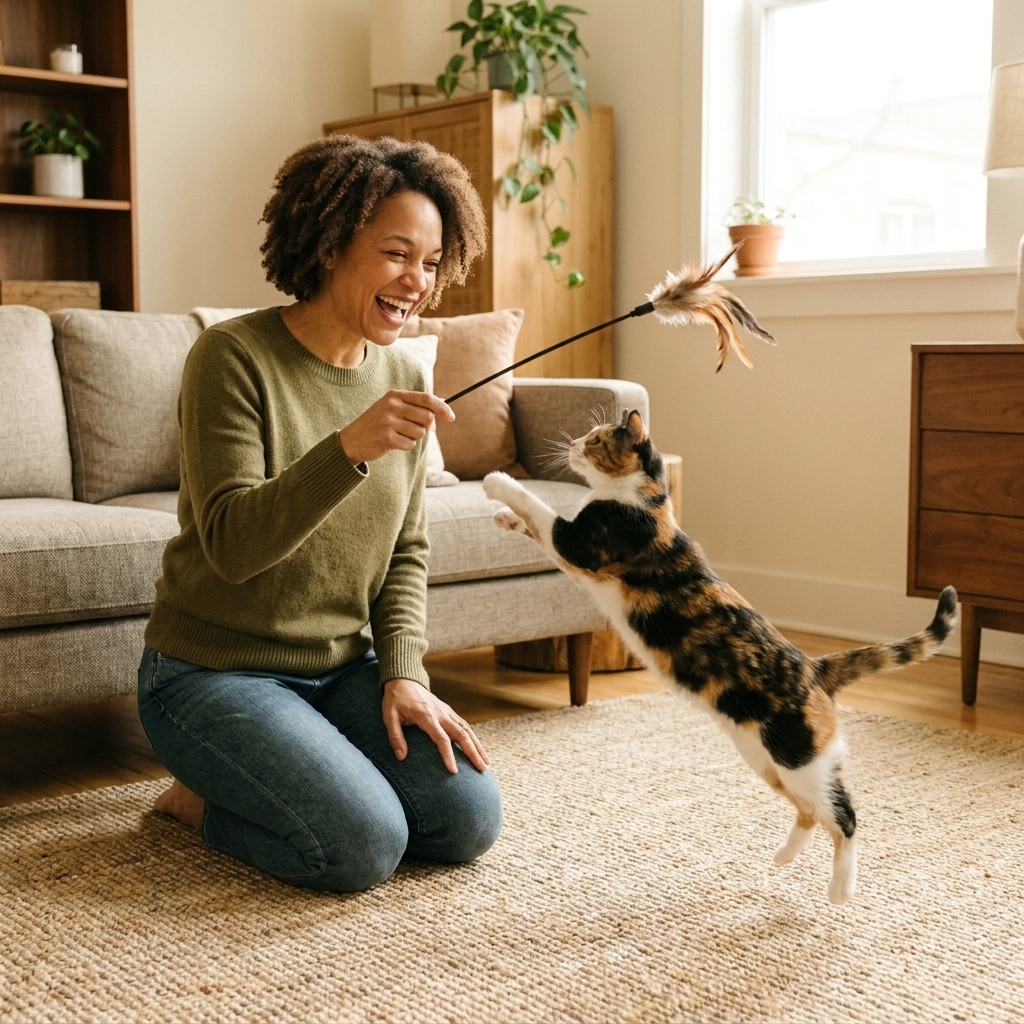 An indoor cat mid-pounce reaching for a feather wand toy held by a person in a living room