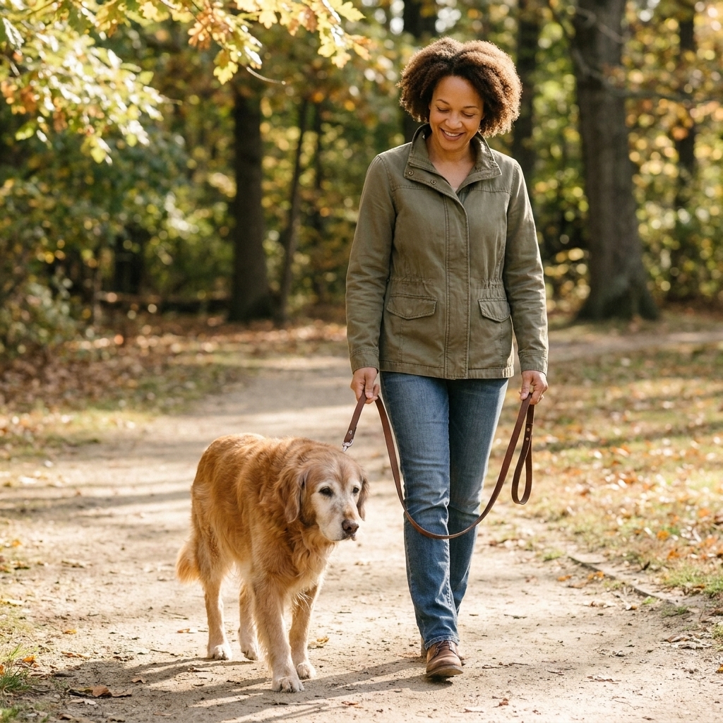 An older dog with a gray muzzle walking slowly on a leash beside a person on a quiet park path.