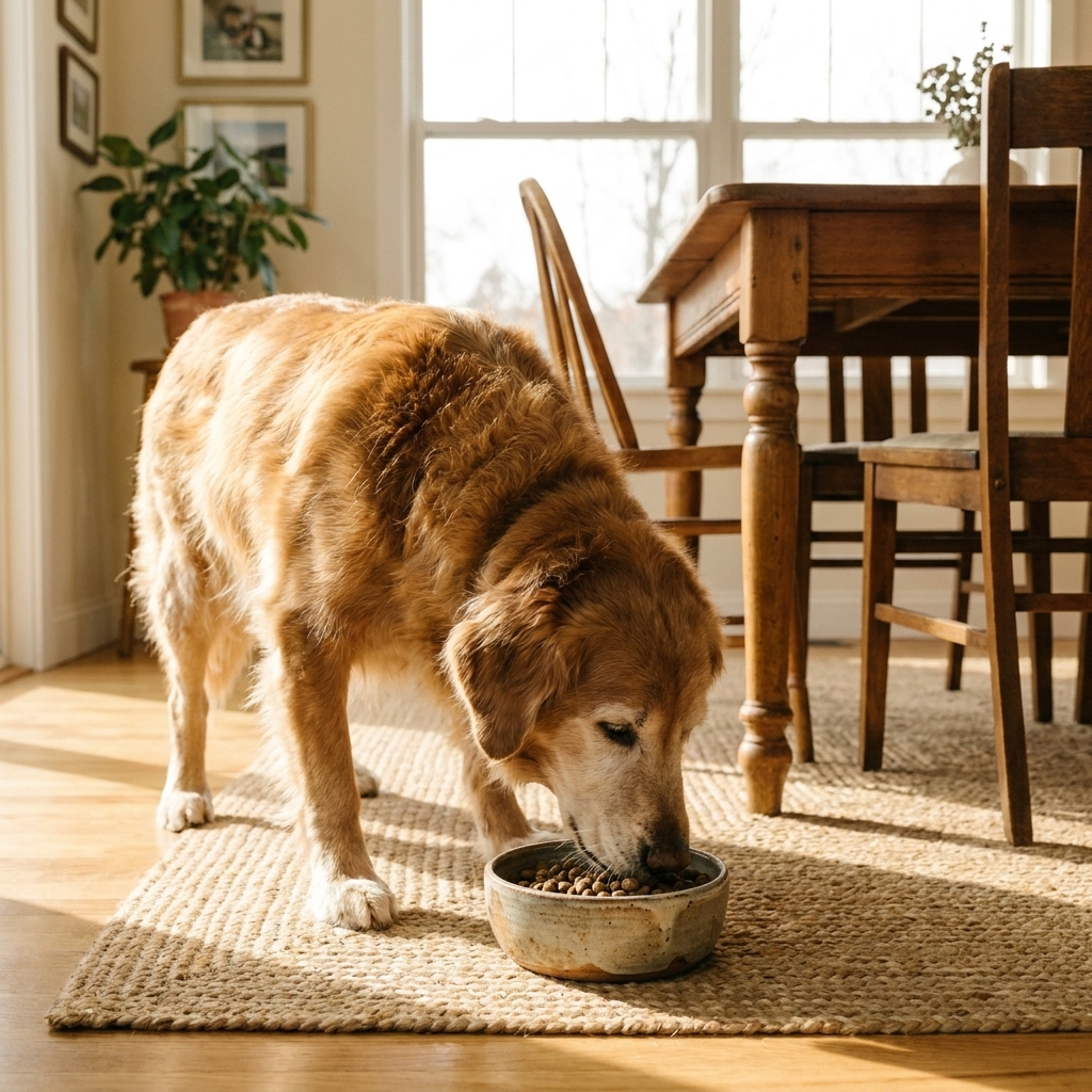 An older dog with a graying muzzle calmly eating dinner from a ceramic bowl in a cozy home dining area