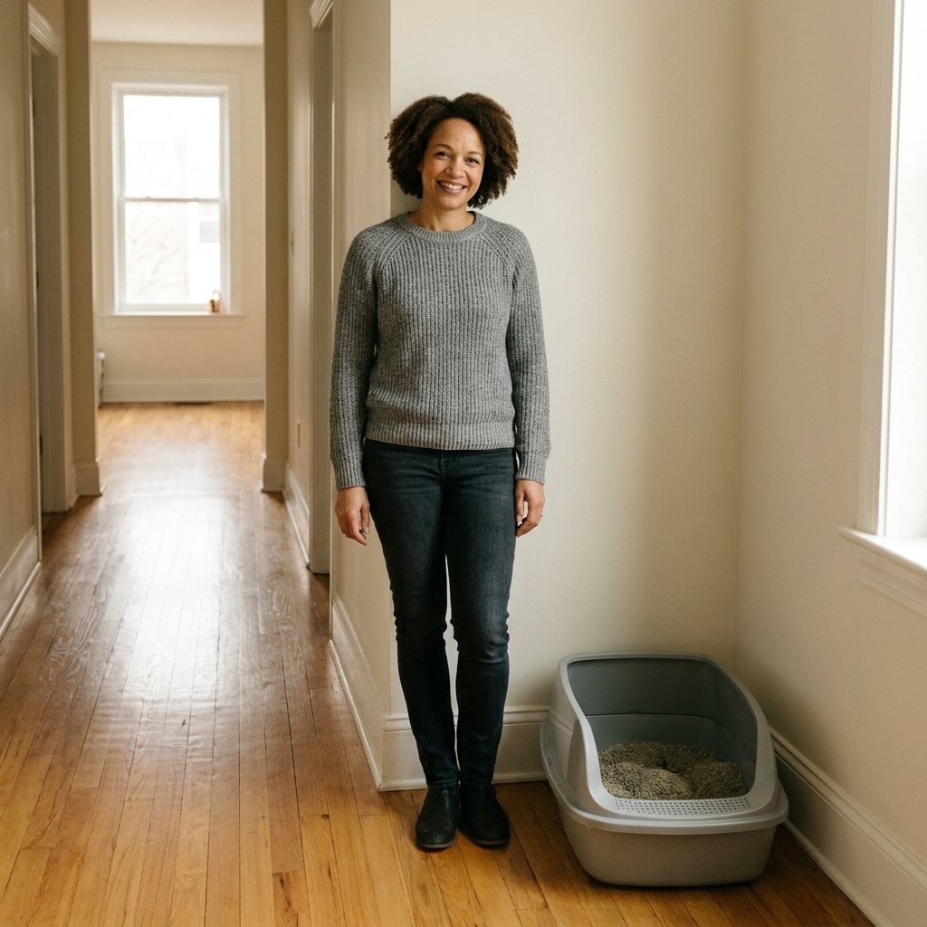 An open litter box placed in a quiet hallway corner with clear access and no nearby appliances
