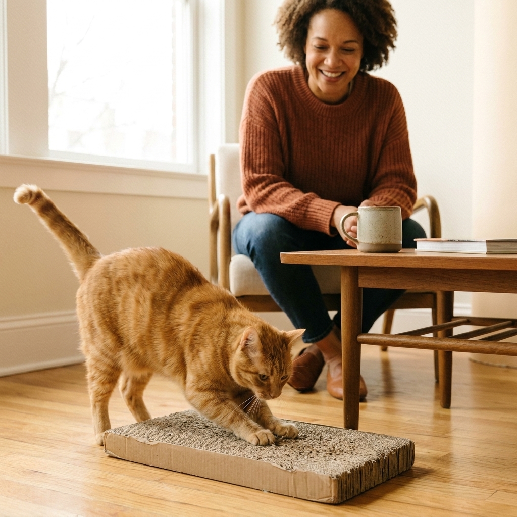 An orange cat kneading and scratching a flat cardboard scratcher on the floor beside a coffee table