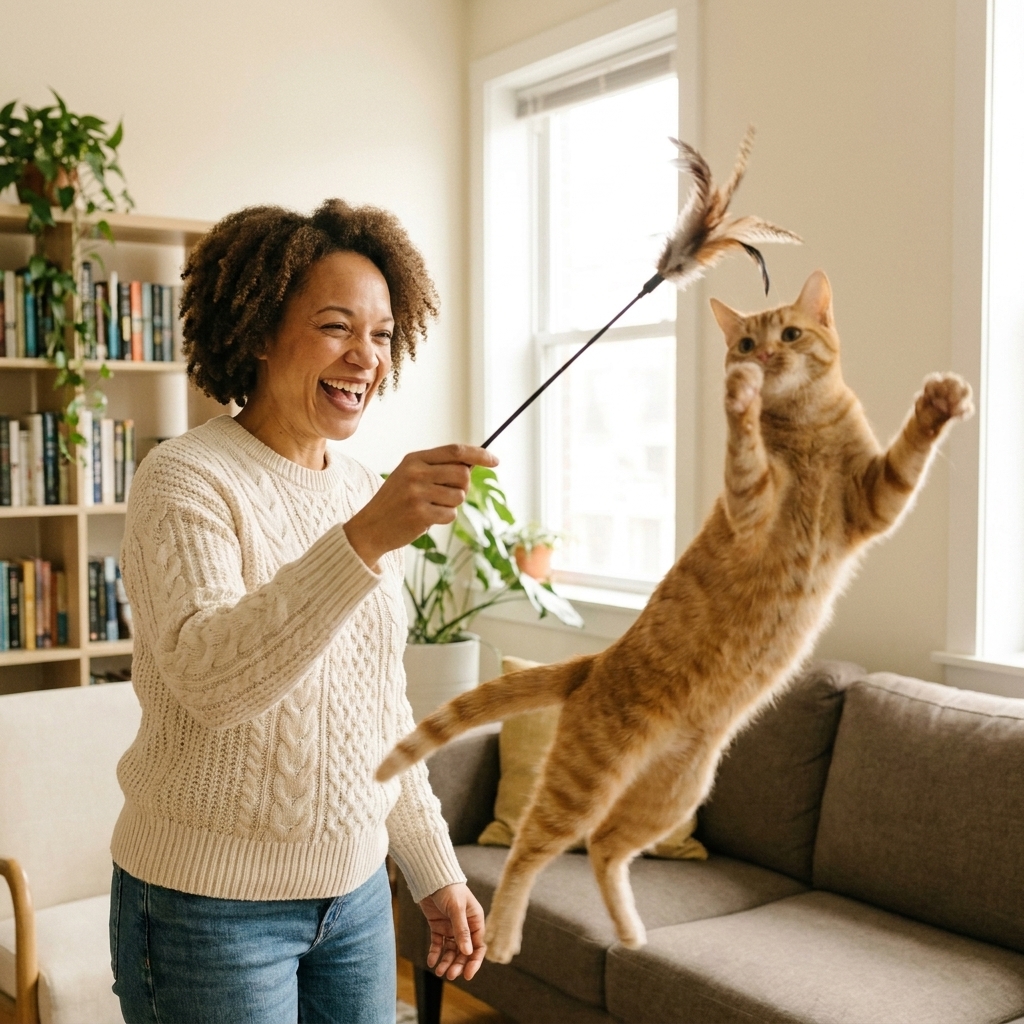 An orange cat leaping toward a feather wand toy in a cozy living room while a person holds the wand, motion captured mid-jump