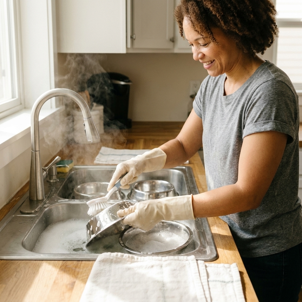 Hands washing stainless steel pet bowls in a kitchen sink with hot soapy water and a dish brush, with clean towels laid out nearby