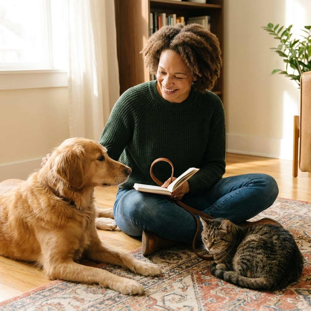 Jenna Westbrook sitting on a living room floor beside a Golden Retriever mix and a senior tabby cat, smiling while holding a leash and a small notebook.