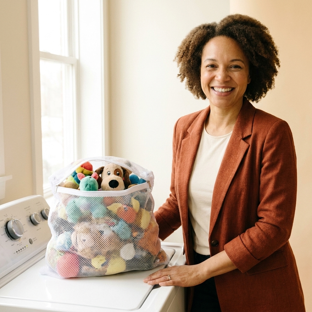 Several plush dog toys inside a zippered mesh laundry bag on top of a washing machine, ready to be cleaned