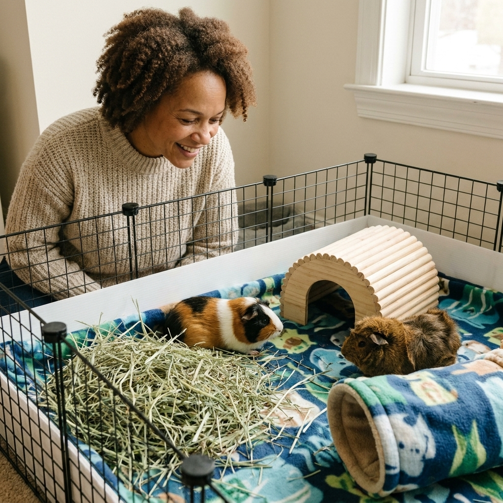 Two guinea pigs resting in a roomy indoor enclosure with fleece bedding, a pile of hay, two hideouts, and space to run