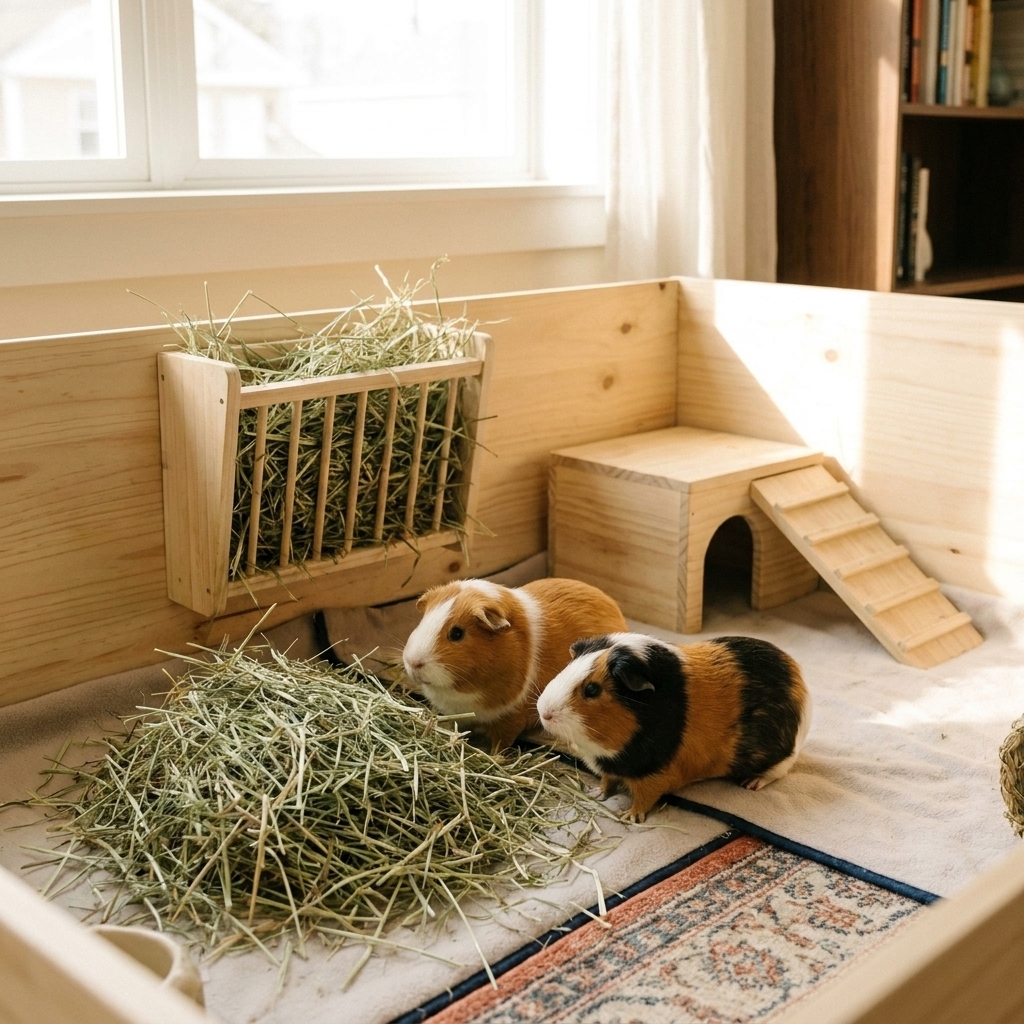 Two guinea pigs standing beside a pile of fresh hay inside a clean enclosure with a hay rack and a hideout in natural window light.