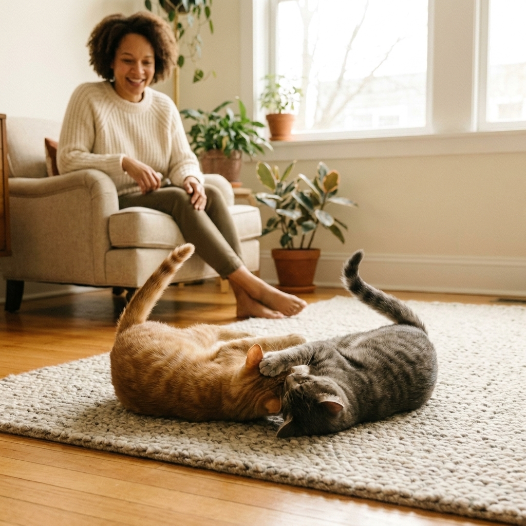 Two young cats gently wrestling on a rug with relaxed bodies and upright tails in a home setting